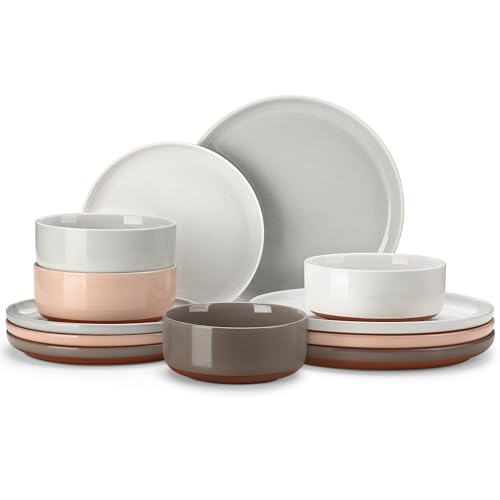 MALACASA Plates and Bowls Sets, 12 Pieces Modern Stoneware Dinnerware Set for 4 Kitchen Dinner Set Ceramic Dishware Dishes Set Microwave and Dishwasher Safe, Multicolor, Series TARA - color: Multicolor, size: 12 Pcs (Service for 4)