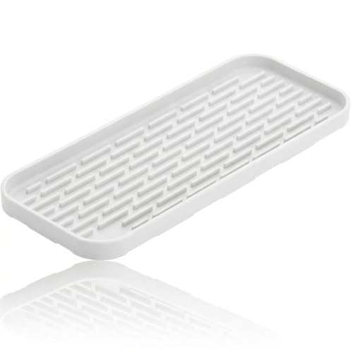 Silicone Organizer Tray, Soap and Sponge Holder for Kitchen Sink, Bathroom - Storage Tray for Dish Brush, Soap Dispenser, Dishwashing Accessories-(White 1 Pack, 12"x4.7") - color: White, size: 12 x 4.7 inches, 1 Pack