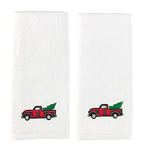 Christmas Farmhouse Hand Towels: Plush Velour Cotton Embroidered Forest Trees Decorative Plaid Truck, Set of 2 - color: Country Truck