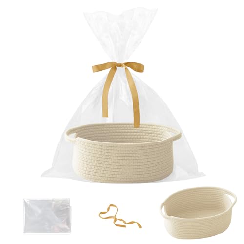 Cream Woven Rope Basket,Baby Gift Basket with Bag & Ribbon | Cotton rope with handle, 12x8x5 in, gift bag and ribbon, for baby shower, birthday, toy storage, nursery, shelf decor - color: Cream