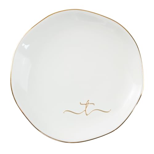 InnoBeta Jewelry Tray, Initial Ring Dish, Ceramic Trinket Dish, Letter T | 4.75-inch ceramic initial dish with a gold-tone rim organizes rings, earrings, and small jewelry on a vanity. - color: T