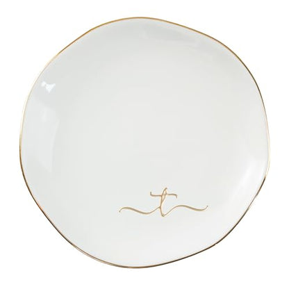 InnoBeta Jewelry Tray, Initial Ring Dish, Ceramic Trinket Dish, Letter T | 4.75-inch ceramic initial dish with a gold-tone rim organizes rings, earrings, and small jewelry on a vanity. - color: T