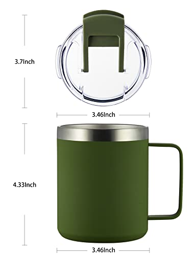 12oz Insulated Travel Coffee Mug with Handle, Army Green | Stainless Steel Coffee Tumbler with Lid, Double Wall Vacuum Thermal Cup for Camping - color: Fliping Lid: Army Green, size: 1 Count (Pack of 1)