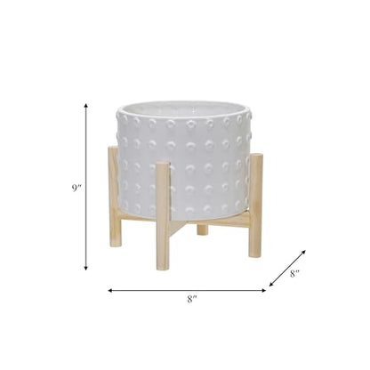 Sagebrook Home Ceramic Dotted Planter 8" with Pine Wood Stand - Elegant White - color: Dot White, size: 8 Inch
