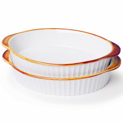 LEETOYI Porcelain Small Oval Au Gratin Pans, Baking Dish Set for 1 or 2 person servings, Bakeware with Double Handle for Kitchen and Home, Set of 2 (White/Brown) - color: White/Brown