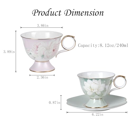 KAMMAK Tea Cups Set of 2,Ceramic Floral Pattern Demitasse Cup | Porcelain Espresso Cup with Saucer, 8.12 oz Handmade Elegant Bone China Tea Cups for Latte, Americano, Cappuccino - color: Sweet Dream & Lotus Melody
