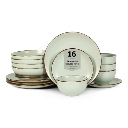 Stone Lain Brasa Stoneware 16 Piece Modern Dinnerware Set, Plates and Bowls, Service for 4, Light Green, Microwave & Dishwasher Safe - color: Light Green, size: 16-Piece Service for 4