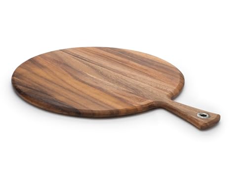 Ironwood Acacia Wood Provencale Paddleboard, 16" x 20" Round Serving Board | Extra Large Round Cutting Board With Handle | Beautiful Acacia Wood | Large Charcuterie Board | Grommet For Hanging & Drying - size: 20.3"L x 16"W