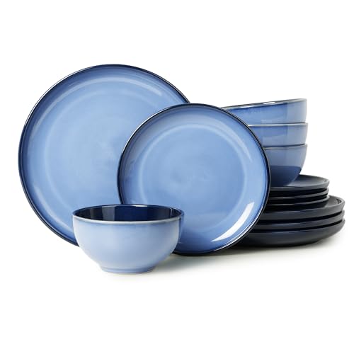 Stoneware Dinnerware Sets, Ceramic Plates and Bowls Set, Microwave & Dishwasher Safe Kitchen Dish Set, Modern Dinner Plates | Salad Plate | Cereal Bowls for 4, Dishware Sets Blue - color: Mist Blue, size: Set (12pcs)