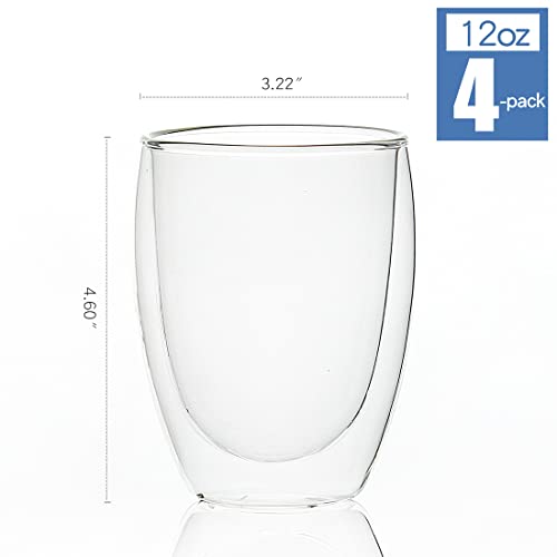 [4-Pack,12Oz] Glass Cups, Double Walled Thermo Espresso Glasses, Insulated Coffee Mugs, Drinking Glasses | Double Walled, Thermo Glasses for Espresso,Latte,Tea