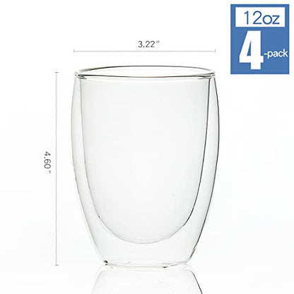 [4-Pack,12Oz] Glass Cups, Double Walled Thermo Espresso Glasses, Insulated Coffee Mugs, Drinking Glasses | Double Walled, Thermo Glasses for Espresso,Latte,Tea
