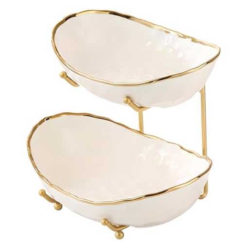 White Fruit Bowl with Gold Metal Stand, 2 Tier Modern Ceramic Fruit Bowl Fruit Rack for Kitchen Counter, Tiered Fruit Basket for Snacks Bread Candy Storage (White A,2 Tier) - color: White A,2 Tier
