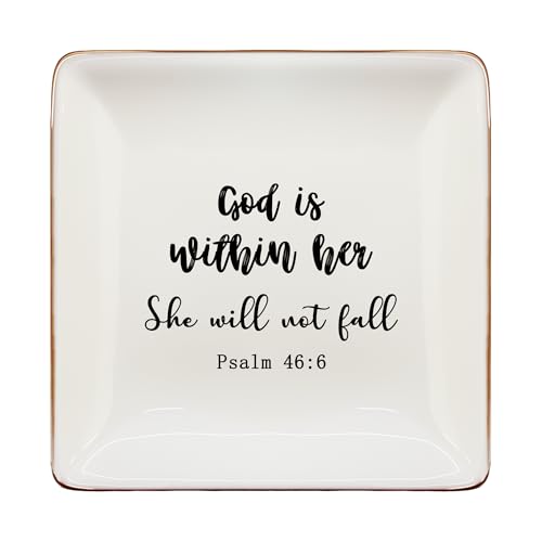 Christian Jewelry Dish Tray, God Is Within Her Bible Verse Ceramic Jewelry Tray for Rings Earring Bracelet Necklace, Christian Gifts for Women, Religious Gifts Trinket Dish for Women