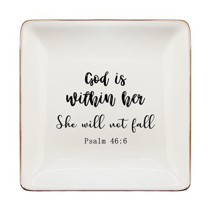 Christian Jewelry Dish Tray, God Is Within Her Bible Verse Ceramic Jewelry Tray for Rings Earring Bracelet Necklace, Christian Gifts for Women, Religious Gifts Trinket Dish for Women