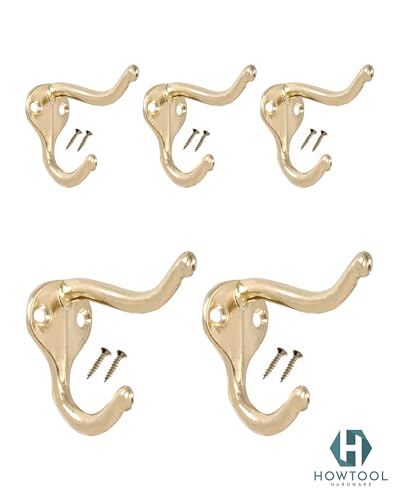 Coat Hooks for Wall Hanging Heavy Duty Wall Mounted Brass Plated, 5 Pack - color: Brass