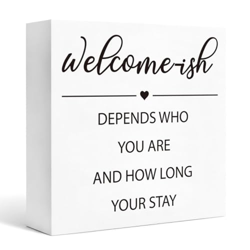 Farmhouse Wood Box Sign Decor, Welcome-ish Funny Home Quote White Wooden Block Plaque for Shelf Tabletop Display, Rustic Farmhouse Entryway Living Room Accent Gift 5x5 Inches - color: Homre Sign 9