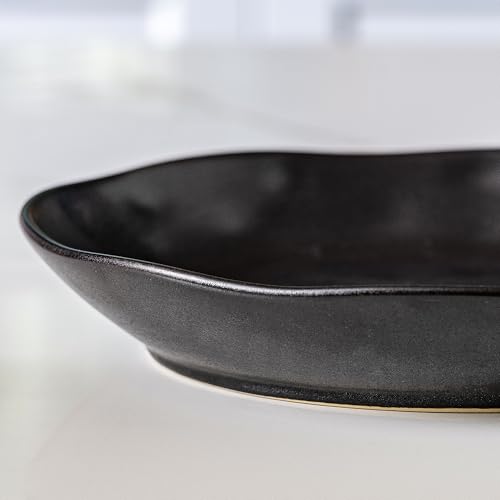 Ceramic Bowls Set of 2, Handcrafted Ceramic Plates Set | 10" Oval Serving Dishes Bowls | Large Serving Bowl Wide Shallow Bowl for Pasta, Salad, Cereal, Soup & Microwave & Dishwasher Safe, Matte Black - color: Thick Black