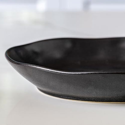 Ceramic Bowls Set of 2, Handcrafted Ceramic Plates Set | 10" Oval Serving Dishes Bowls | Large Serving Bowl Wide Shallow Bowl for Pasta, Salad, Cereal, Soup & Microwave & Dishwasher Safe, Matte Black - color: Thick Black