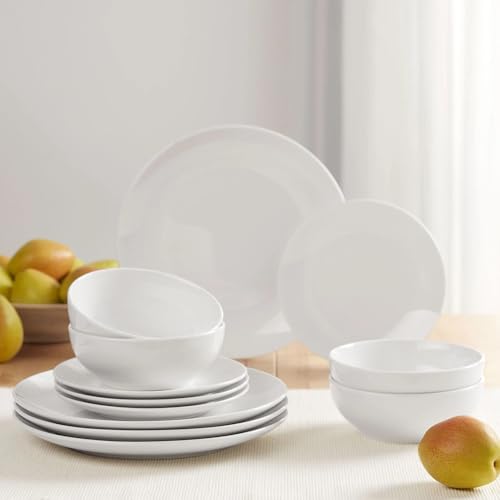 12-Piece Glazed White Stoneware Dinnerware Set, Service for 4 Plates Bowls, Microwave & Dishwasher Safe Neutral Tableware for Home Dining, 2026 Timeless Household Essential