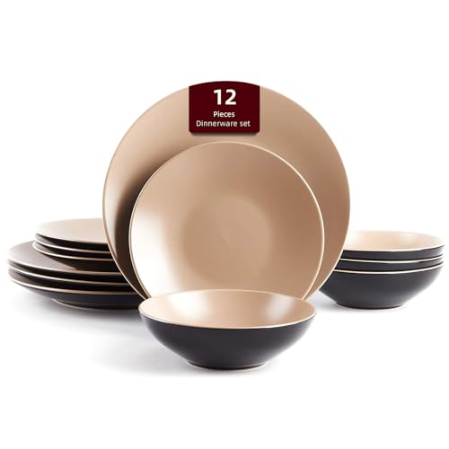 HomeVss Stoneware Two-Tone Colors Life 12pc Dinner Set， Outside Shiny Black + Inside Matte Glaze Warm Beige - color: Warm Beige, size: 12pc Set