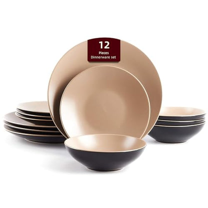 HomeVss Stoneware Two-Tone Colors Life 12pc Dinner Set， Outside Shiny Black + Inside Matte Glaze Warm Beige - color: Warm Beige, size: 12pc Set