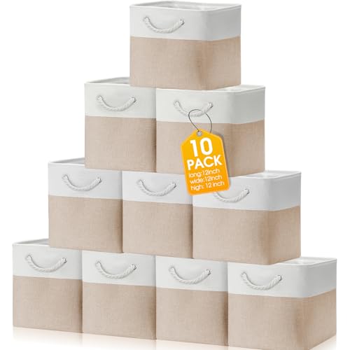 FoldTier 10 Pack Large Collapsible Fabric Storage Baskets with Handles Decorative Storage Bins for Organizing Shelves Toys Clothes(White & Beige,12 x 12 x 12 Inches) - color: White & Beige, size: 12 x 12 x 12 inches