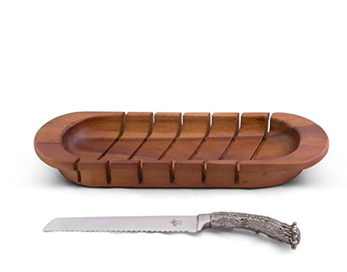 Oval Bread Board with Pewter Antler Knife - Rustic Lodge Style Cutting Board for Serving Bakery Loaves - 14.25" L x 5.25" W