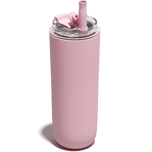 16 oz Insulated Coffee Tumblers, Travel Coffee Tumblers with Straw (Pink) | Double-Wall Stainless Steel Tumbler, Leak Proof Tumbler, Reusable Cups with Lids for lced and Hot Drinks - color: 16-Pink, size: 16 Ounces