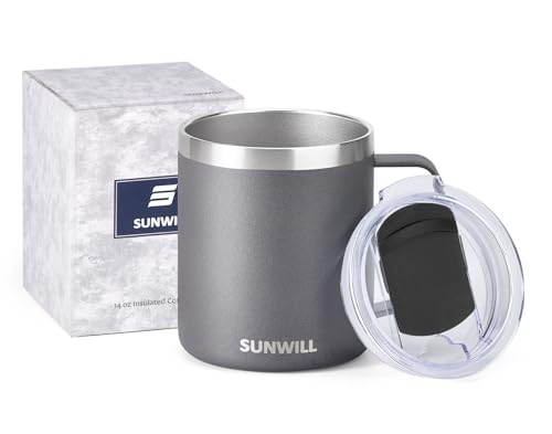 SUNWILL Travel Coffee Mug with Lid, Insulated Tumbler with Handle, 14 oz Stainless Steel Cup for Ice, Water, Tea, Cool Grey - color: Cool Gray