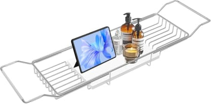 Expandable Stainless Steel Bathtub Caddy Tray with White Marble Board, | Extra Wide Rustproof Shelf, Book Tablet & Wine Glass Stand For Luxury Home Spa(Silver+White) - color: Silver+white