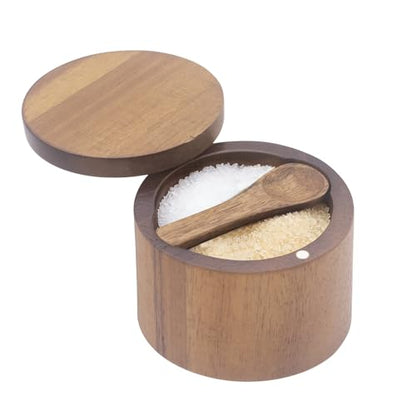Acacia Salt Cellar with Dual Compartments, Wooden Salt Box, Kitchen Spice Keeper, with Magnetic Swivel Lids, for Salt and Pepper or Spices