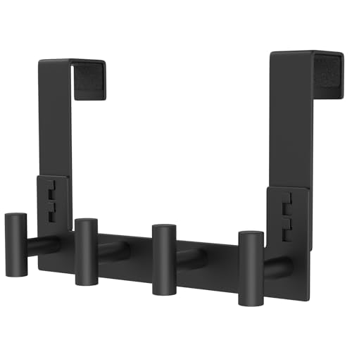 HUFEEOH Over The Door Hooks, Stainless Steel T Shape Non-Slip Door Hanger Rack, Tool-Free Easy Install Towel Coat Organizer Hooks for Bathroom (Fits 1-3/4" Thick Door - 4 "T” Hooks - 1 Pack) - color: Black, size: Fits 1-3/4" Thick Door - 4 "T” Hooks