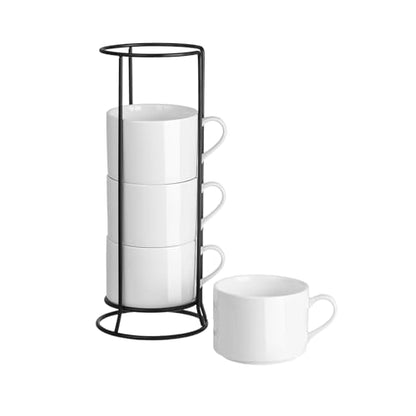 10oz Stackable Coffee Mugs Set of 4 with Stand | White Ceramic Coffee Cups Set for Cappuccino, Latte, Tea, Milk, Housewarming Gift - color: White