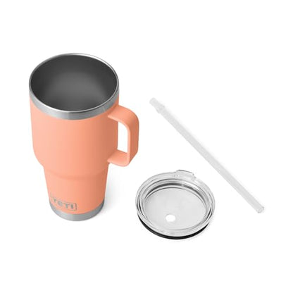 YETI Rambler 35 oz Tumbler with Handle and Straw Lid, Travel Mug Water Tumbler, Vacuum Insulated Cup with Handle, Stainless Steel, Lowcountry Peach - color: Lowcountry Peach, style: 35oz