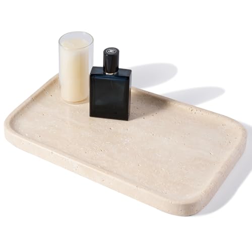 Travertine Vanity Tray, Stone Bathroom Tray for Countertop, 14'' Marble Decorative Dresser Trays, Large Serving Trays for Kitchen Counter, Storage for Kitchen Sink, Perfume, Jewelry Holder - color: 14" Beige Travertine