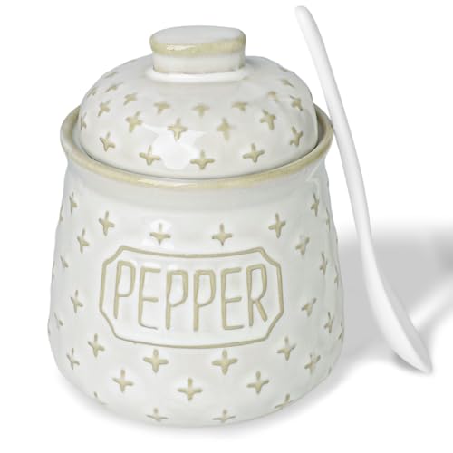 Pepper Bowl with Lid and Spoon, 10oz Ceramic Seasoning Jar (Vintage White) | Easy One-Hand Access, Keeps Seasonings Fresh, Wide Opening, Easy to Clean, Dishwasher Safe - color: vintage White, size: 4.3" Label Pepper