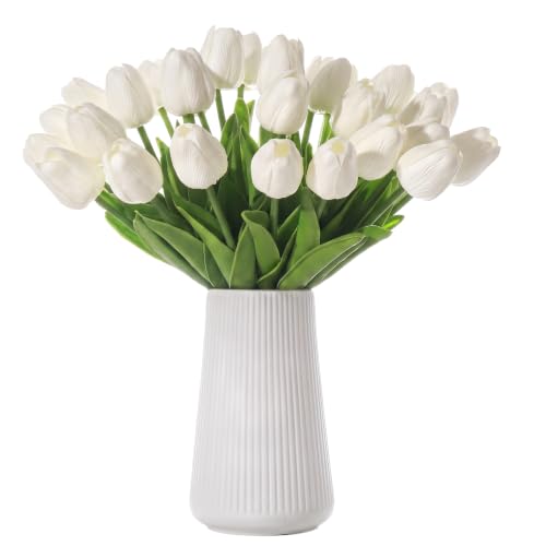 White Artificial Tulips, 20 Pcs PU Real Touch Faux Flowers | 13.5" tall, 20 bendable stems, fake flowers for wedding centerpiece, bridal bouquet, home, kitchen, vase decor - color: White