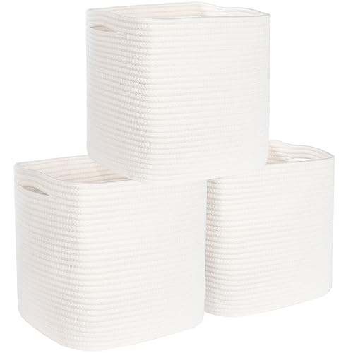 3-Pack 11x11in Woven Cube Storage Bin and Shelf Baskets, Cute Decorative Square Organizer for Closet, Classroom, Bathroom, Dog and Cat Toys, and Books, Creamy White - color: Creamy White
