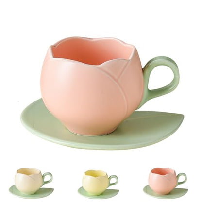 Ceramic Tulip Coffee Mug With Saucer Set, Comfortable Handle Tulip Flower Cup, Smooth Surface Heat-resistant Tea Cup For Office And Home (Pink) - color: Pink