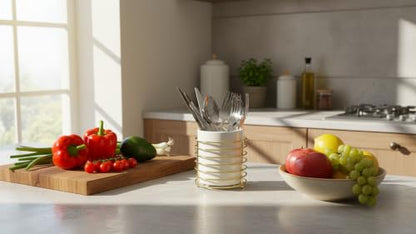 Silverware Holder for Kitchen Countertop, Cutlery Flatware Caddy with Round Metal Bracket, Sturdy and Durable - color: White Gold, size: L