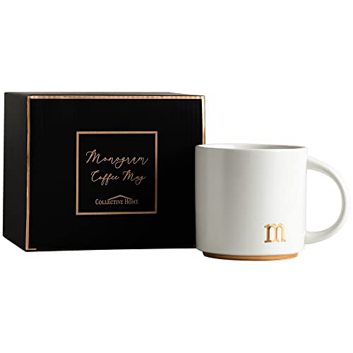 COLLECTIVE HOME Ceramic Coffee Mug, 15 oz Monogram Cup with Gift Box(m) | Dishwasher Safe, Engraved Gold Letter , Personalized Housewarming Birthday Present, Christmas Thanksgiving Mothers Day Gifts - color: gold-m
