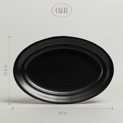 over&back Rim Stoneware Serving Platter - Elegant 1-Piece Oval Serving Platter to Complete Your Kitchen Set - 16" L x 10.8" W Semi-Matte Black - color: Black