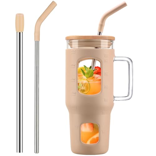 WINSA Glass Tumbler with Lid, 32 oz Glass Cup with Handle, Glass Water Bottles with Time Marker, 2 Straws - Pearl Straw & Silicone Protective Sleeve - Amber - color: Amber, size: 32 Ounces