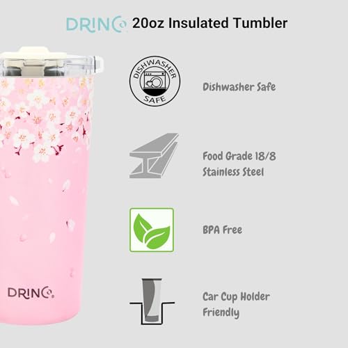 Drinco - 20 oz Stainless Steel Tumbler | Double Walled Vacuum Insulated Mug With Lid, 2 Straws, For Hot & Cold Drinks (20oz Sakura) - color: 20oz Sakura
