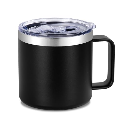VEGOND 14 oz Insulated Coffee Mug with Handle, Stainless Steel Travel Coffee Mug with Lid, Double Wall Vacuum Metal Coffee Cup, Coffee Tumbler Powder Coated, Black 1 Pack - color: Black, size: 14 Ounces