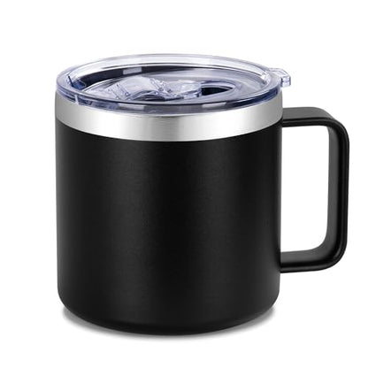 VEGOND 14 oz Insulated Coffee Mug with Handle, Stainless Steel Travel Coffee Mug with Lid, Double Wall Vacuum Metal Coffee Cup, Coffee Tumbler Powder Coated, Black 1 Pack - color: Black, size: 14 Ounces