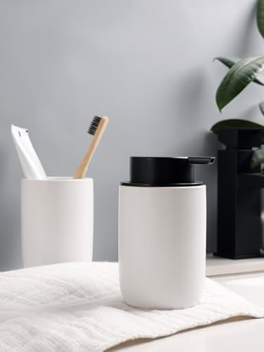 Bosilunlife Soap Dispenser and Toothbrush Holder Set - 11Oz Foam Soap Dispenser Pump Ceramic Bathroom Counter Soap Toothbrush Holder Set White Bathroom Accessories Set - color: White-cylinder Foam