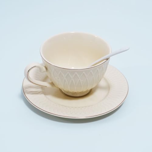 Bone China Tea Cup and Saucer Set with Spoon，Elegant Floral Tea Cup Set (7 oz)，British Coffee Latte Mug for Birthday Party Christmas gift for Friends - color: Caramel color-01