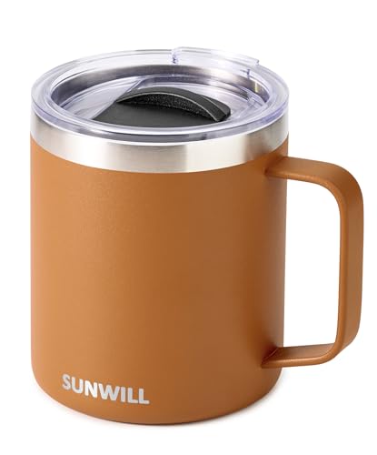 SUNWILL Insulated Coffee Mug, Stainless Steel 14 oz, Splash-Proof Lid | Keeps Drinks Hot & Cold, Powder Coated Caramel Finish, Dishwasher Safe, Ideal for Home & Office - color: Powder Coated Caramel