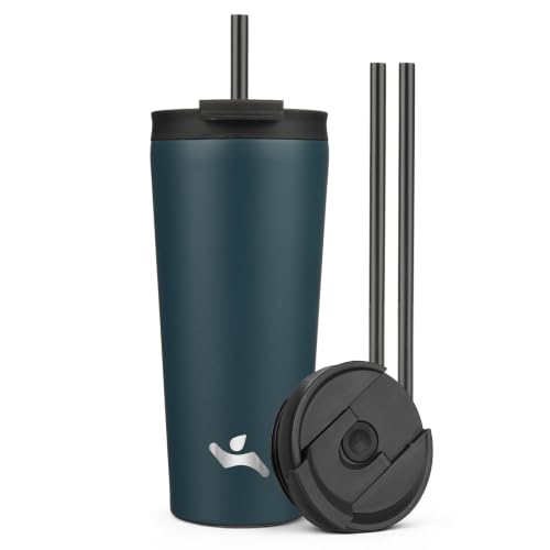 Konokyo 22 oz Insulated Tumbler Water Bottle with Straw Lid, Navy Blue | Stainless steel insulated tumbler for coffee, water and iced drinks; spill-proof lid, 2 straws, cup-holder friendly - color: Navy Blue, size: 22 Ounces